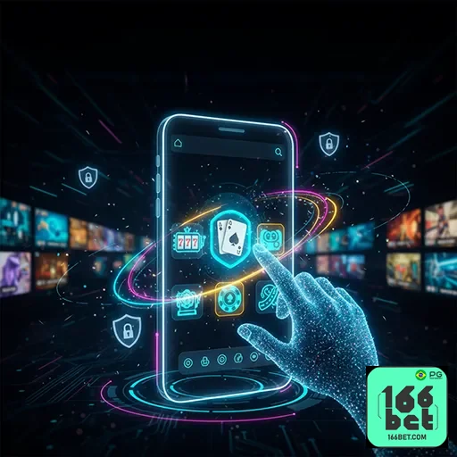 Imagem promocional da 166bet mostrando recursos do aplicativo móvel para apostas online e esportes